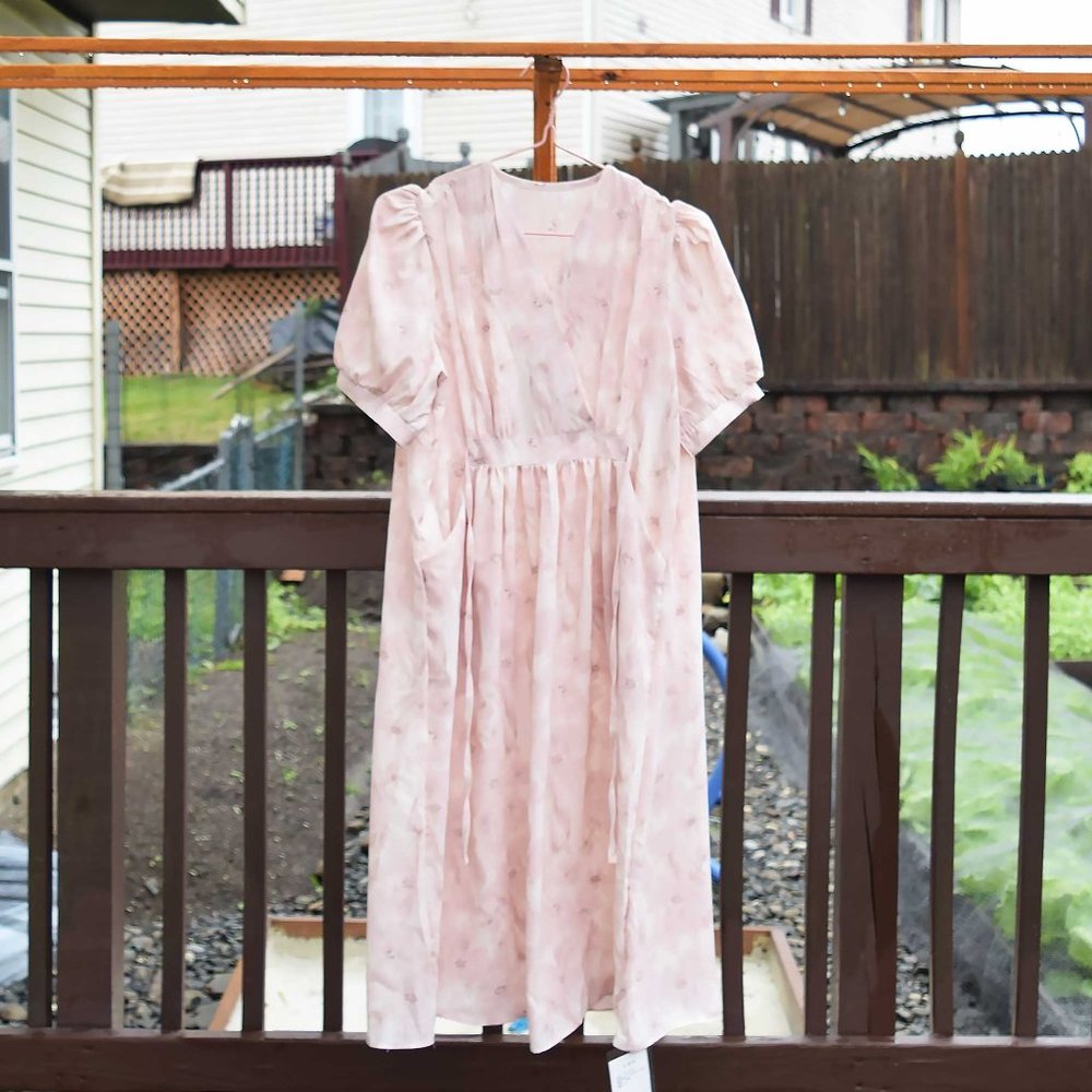 【SOLD】Pink Flora Long Dress - V neck Adjustable Waist - Picture 6 of 6